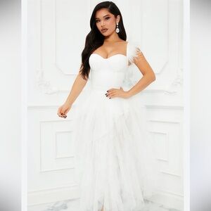 Fashion Nova White Feathered Prom Dress